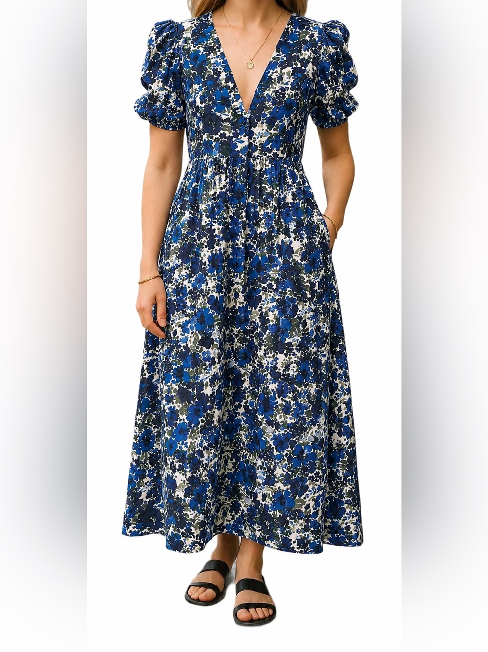 Farylina Floral Blue V-Neck Front Slit Maxi Dress - NWOT - Size XL